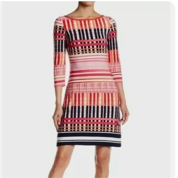 ELIZA J MULTI COLOR CROSS HATCH STRIPED JERSEY 3/4 SLEEVE DRESS 14 - Picture 1 of 5